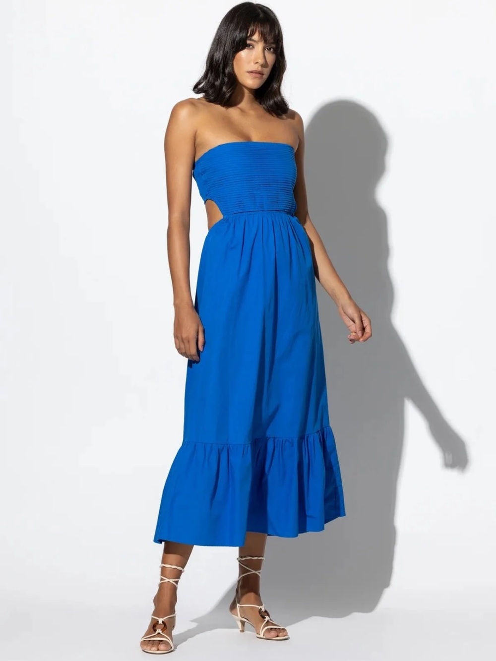 Lusana Amelia Pintuck Midi Dress‎ Cobalt Blue Strapless Ruffle Hem Open Back S